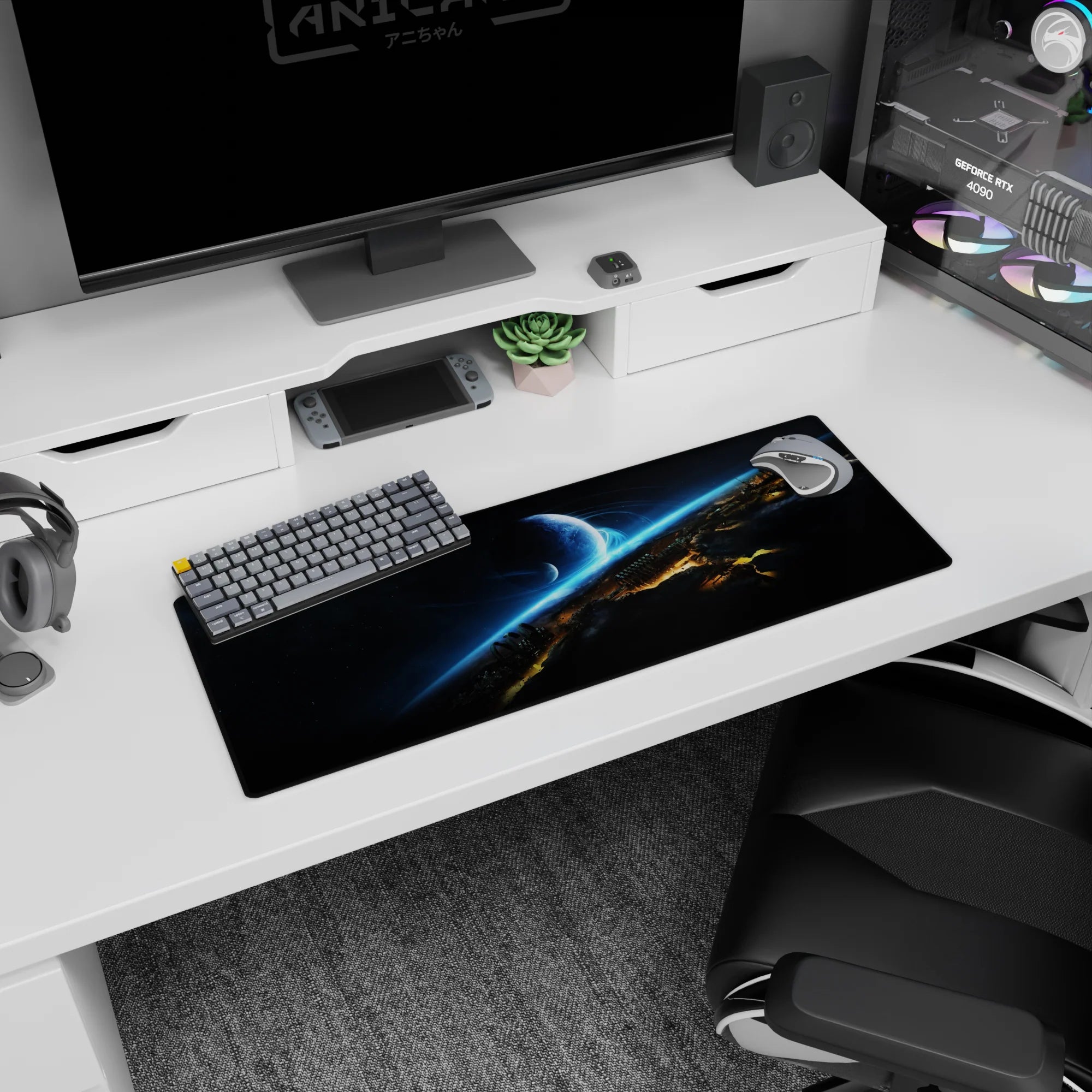 Starfield 32x12 inches desk pad featuring a cool blue planet over a glowing horizon and shattered city skyline.