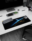 Starfield 32x12 inches desk pad featuring a cool blue planet over a glowing horizon and shattered city skyline.