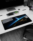 Blue planet over glowing horizon on starry mouse pad 32x16 inches with shattered city skyline below.