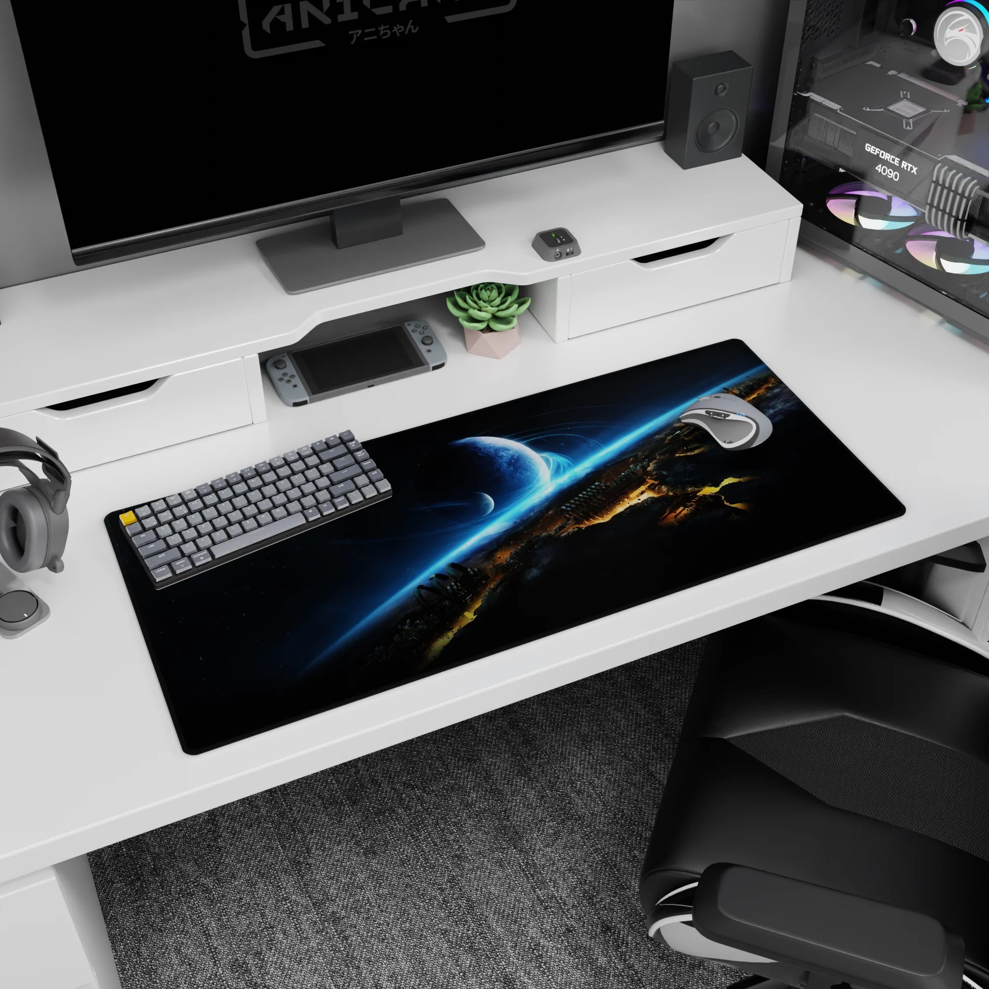 Blue planet over glowing horizon desk pad 36x16 inches with tiny stars and shattered skyline.