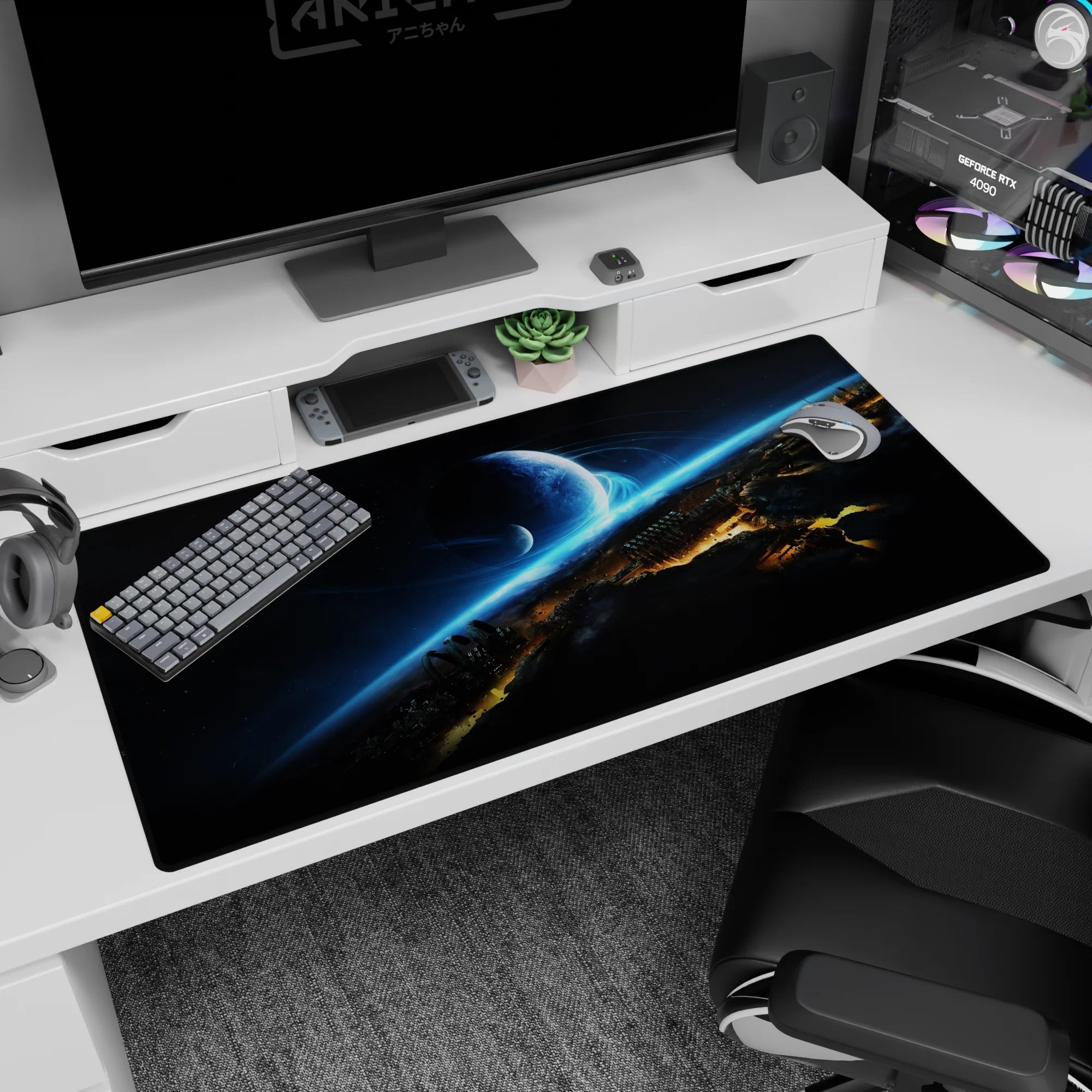 Blue planet over a glowing horizon on a starry desk pad 40x20 inches, with jagged city skyline below.
