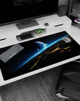 Blue planet over a glowing horizon on a starry desk pad 40x20 inches, with jagged city skyline below.