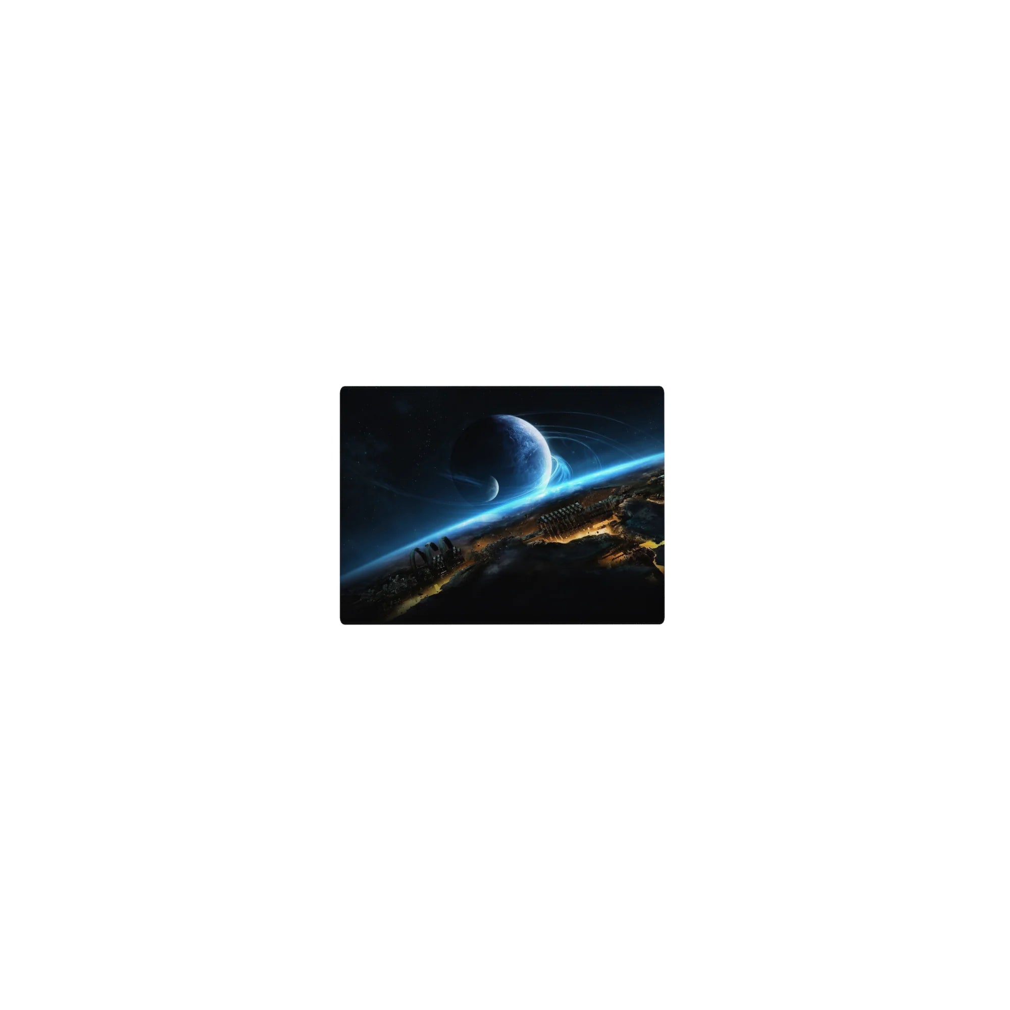 Classic 14x10 inches mouse pad with starry midnight space, blue planet, glowing horizon, and city silhouettes.