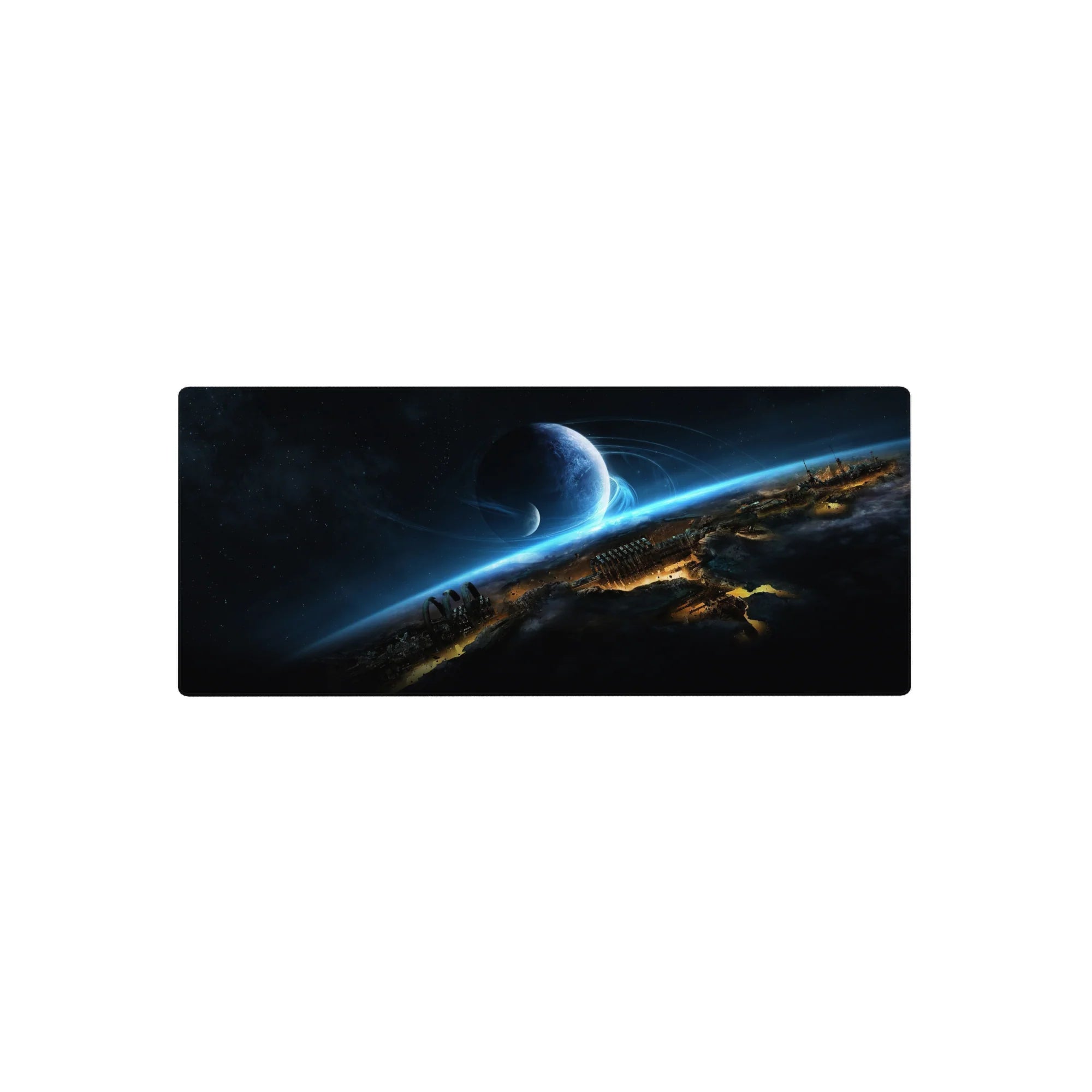 Midnight space mouse pad 28x12 inches with starry sky, blue planet, glowing horizon, city silhouettes.