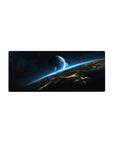 Midnight space mouse pad 28x12 inches with starry sky, blue planet, glowing horizon, city silhouettes.
