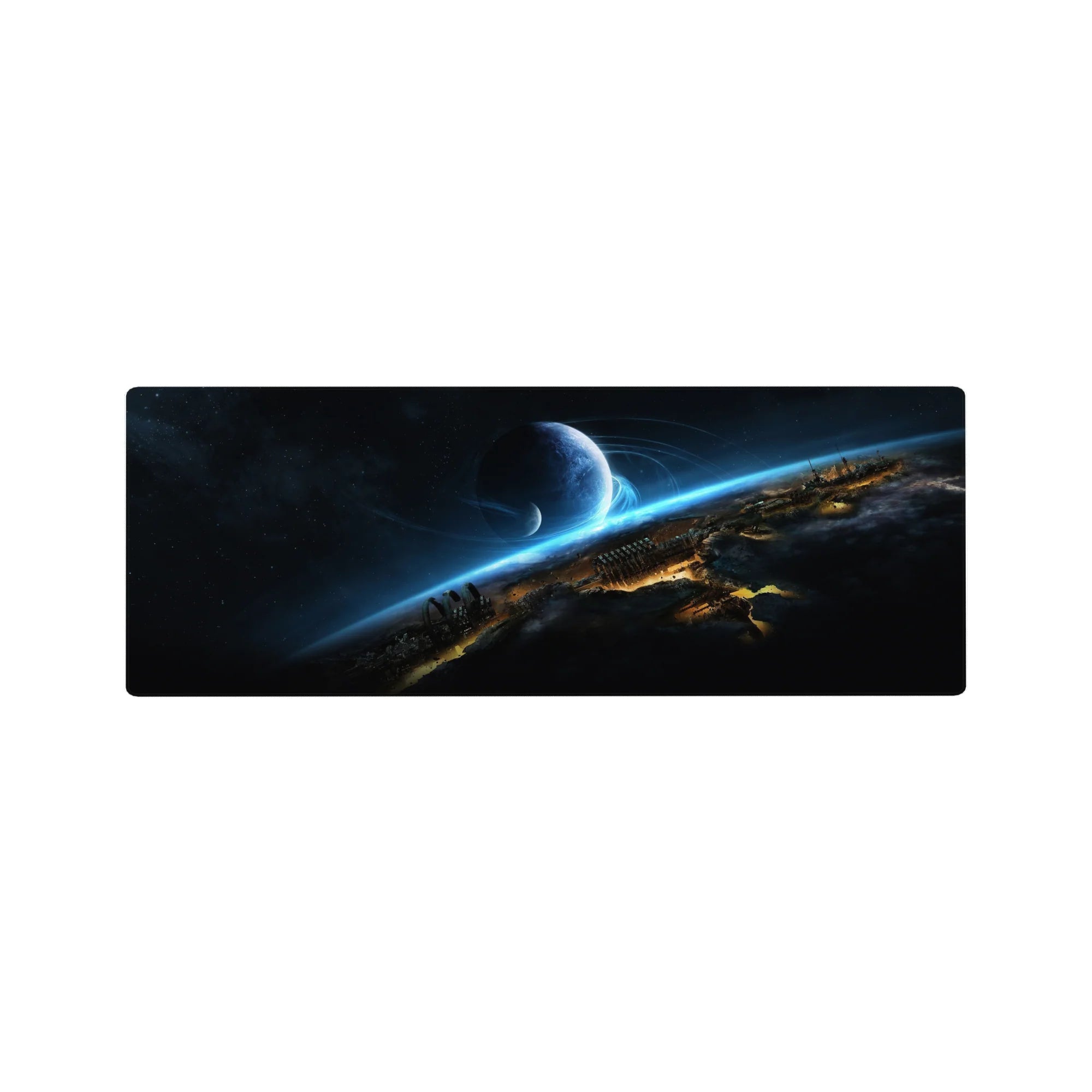 Space-themed 32x12 inches desk mouse pad with starry sky, blue planet, horizon glow, and city silhouettes.