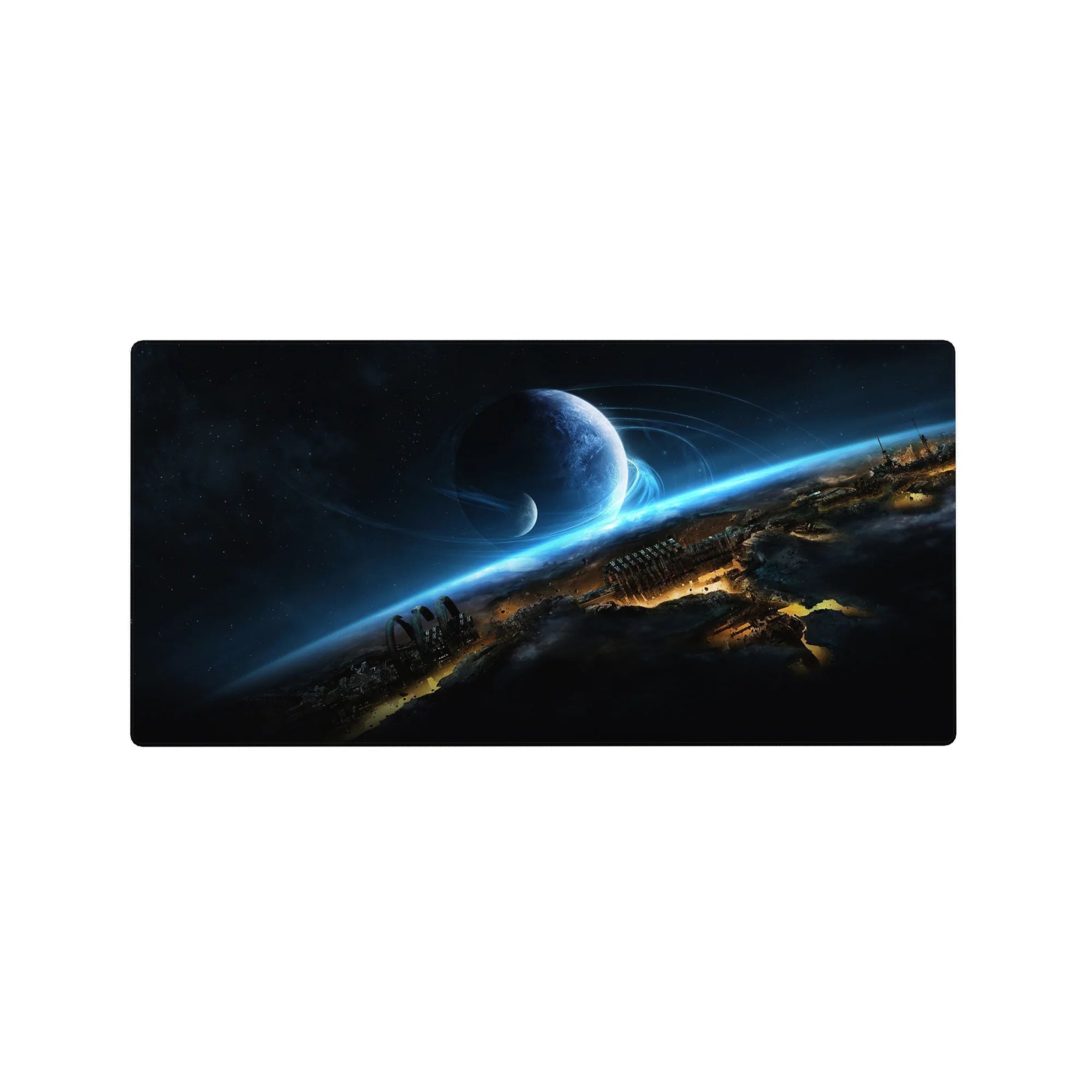 Midnight starfield sci-fi desk mouse pad 32x16 inches with planet, horizon glow, and city silhouettes.