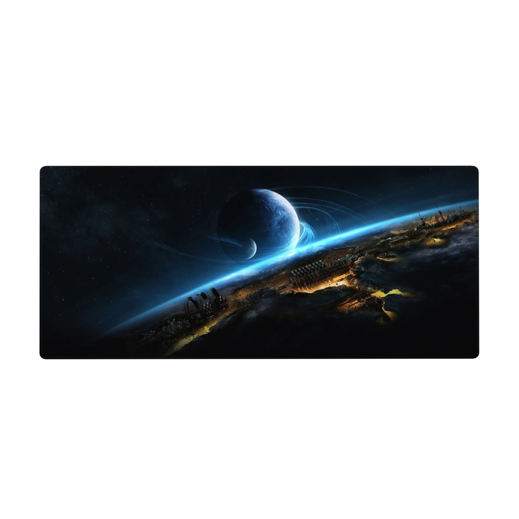 Midnight space desk pad 36x16 inches with stars, blue planet, horizon glow, and city silhouettes.