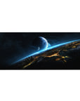 Midnight space desk pad 36x16 inches with stars, blue planet, horizon glow, and city silhouettes.