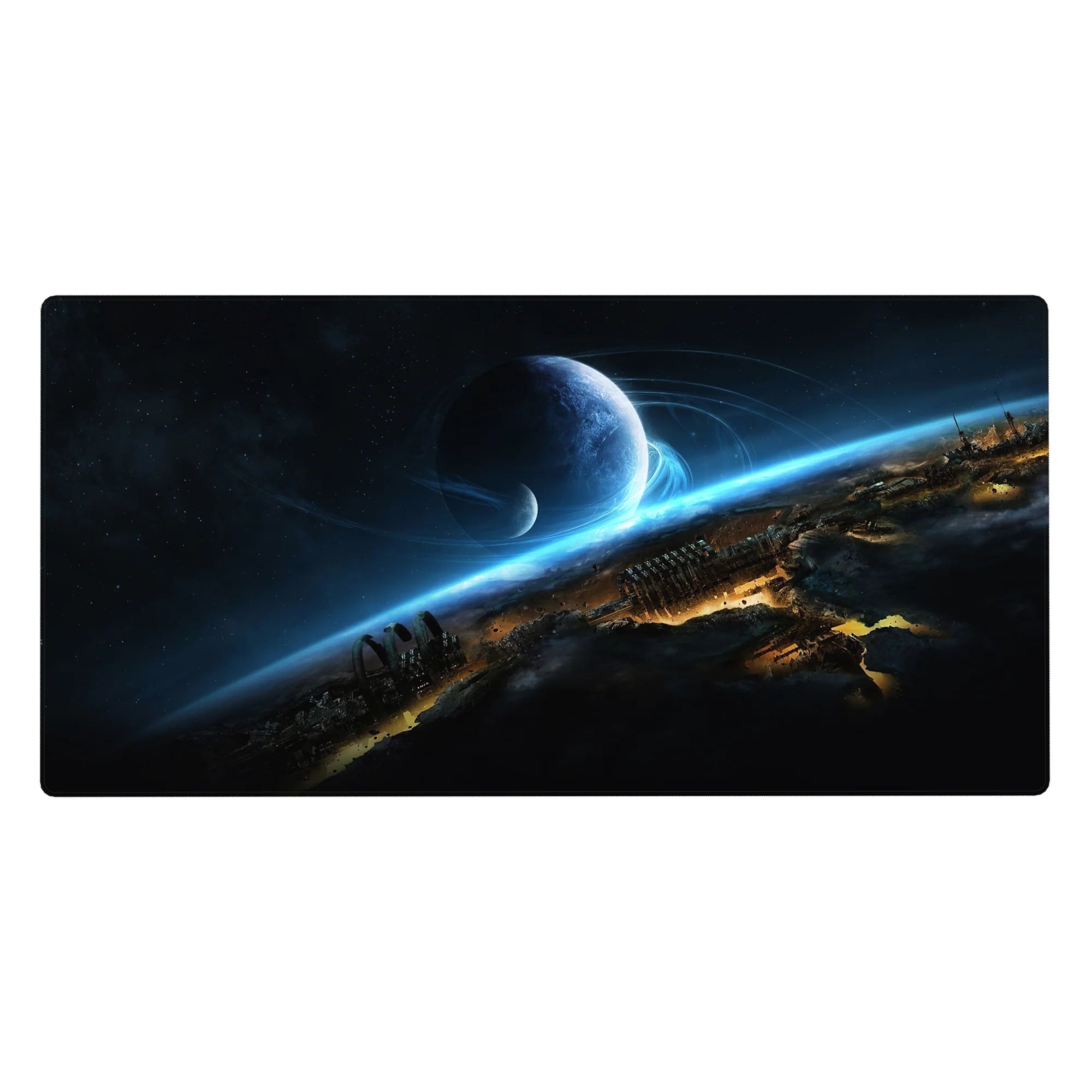 Space-themed desk pad 40x20 inches with starry midnight sky, blue planet, and shattered city silhouettes.