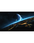 Space-themed desk pad 40x20 inches with starry midnight sky, blue planet, and shattered city silhouettes.