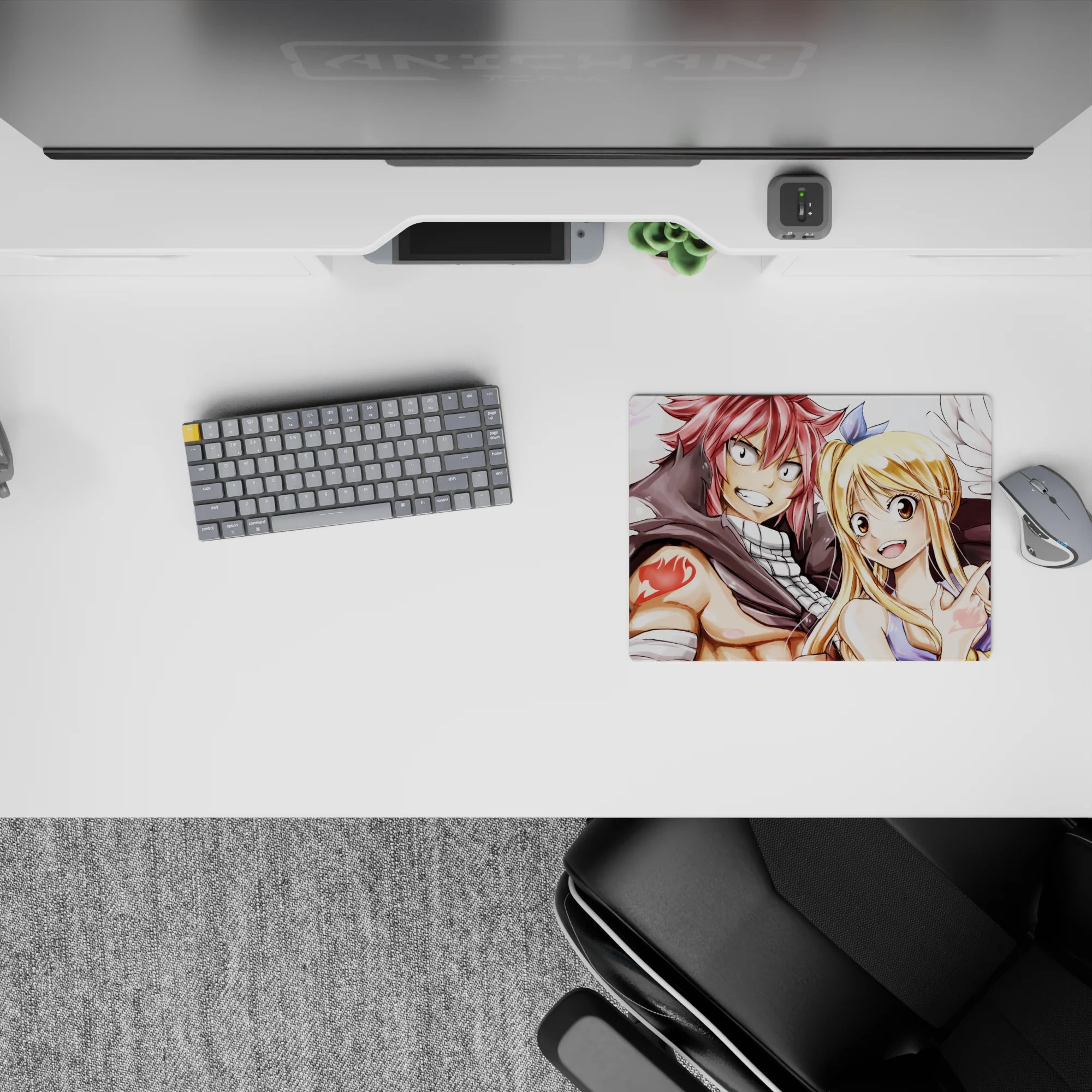 Warm bright classic anime mouse pad 14x10 inches in rosy reds and golden highlights, cheerful guild vibe.