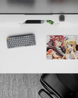 Warm bright classic anime mouse pad 14x10 inches in rosy reds and golden highlights, cheerful guild vibe.