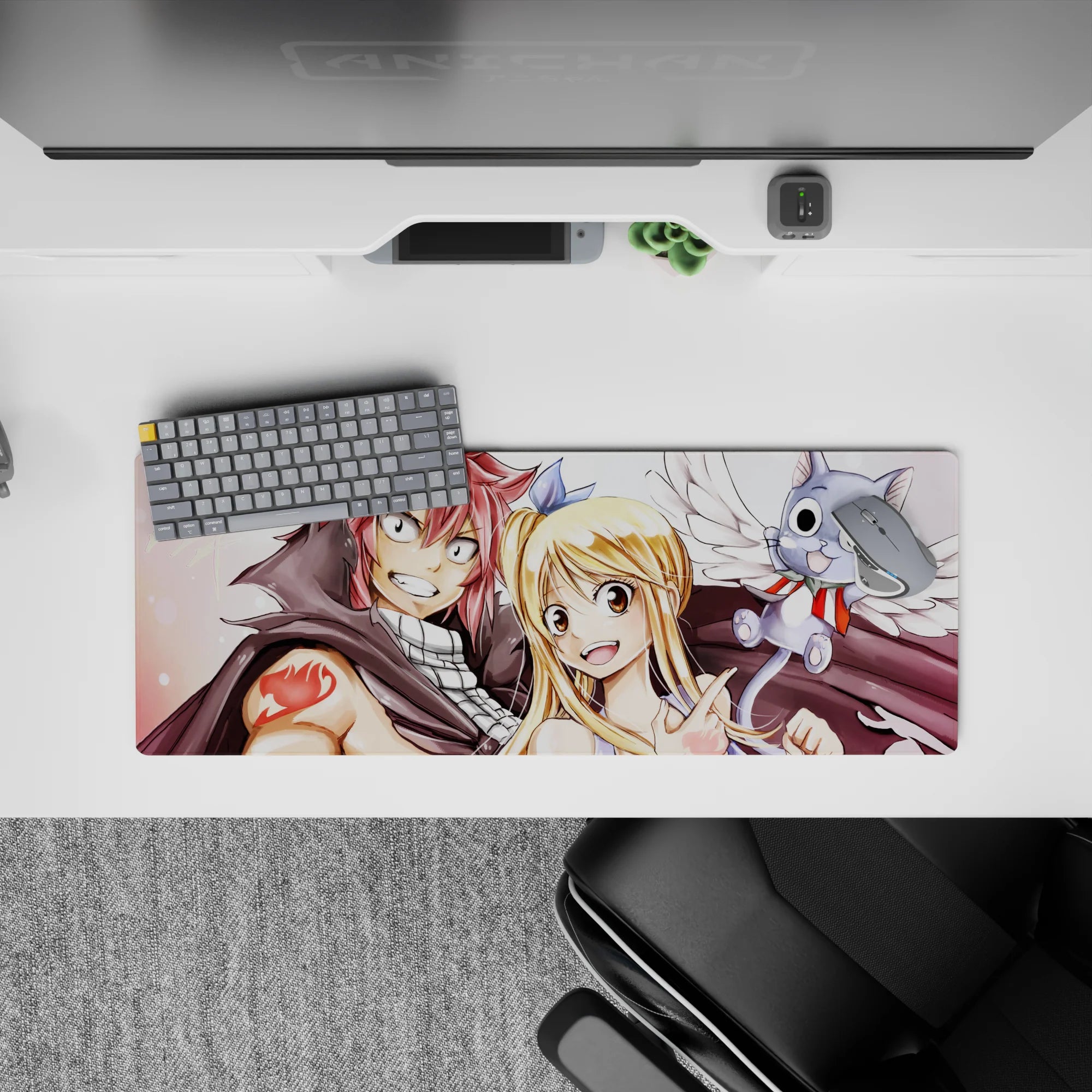 Warm rosy hair and golden highlights anime mouse pad 32x12 inches with cheerful guild vibes.