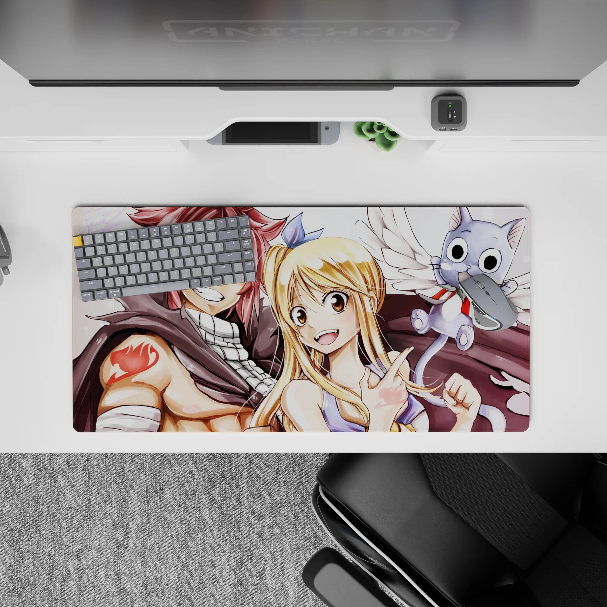 32x16 inches anime mouse pad with rosy hair, golden shine, crisp guild marks, warm adventure vibe.