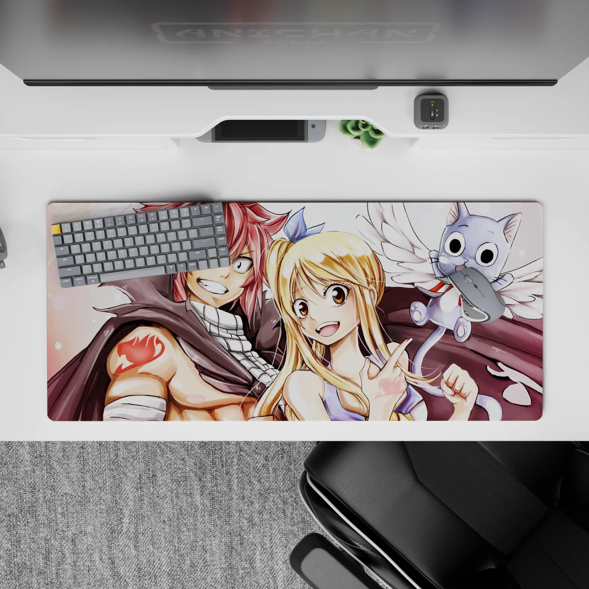 Warm bright anime desk pad 36x16 inches with rosy hair, golden shine, and soft cape shadows.