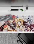 Warm bright anime desk pad 36x16 inches with rosy hair, golden shine, and soft cape shadows.