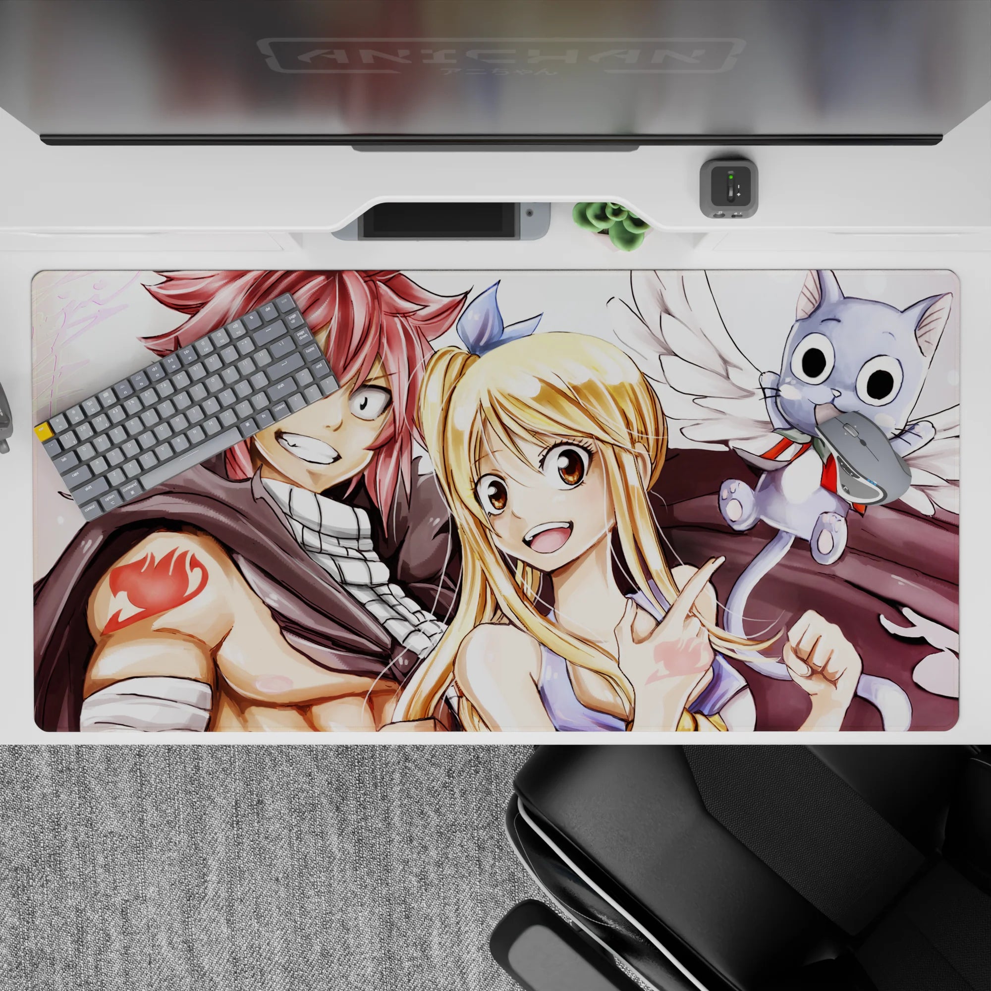 Warm rosy hair and golden highlights anime desk pad 40x20 inches, bright brave vibe with soft shadows.