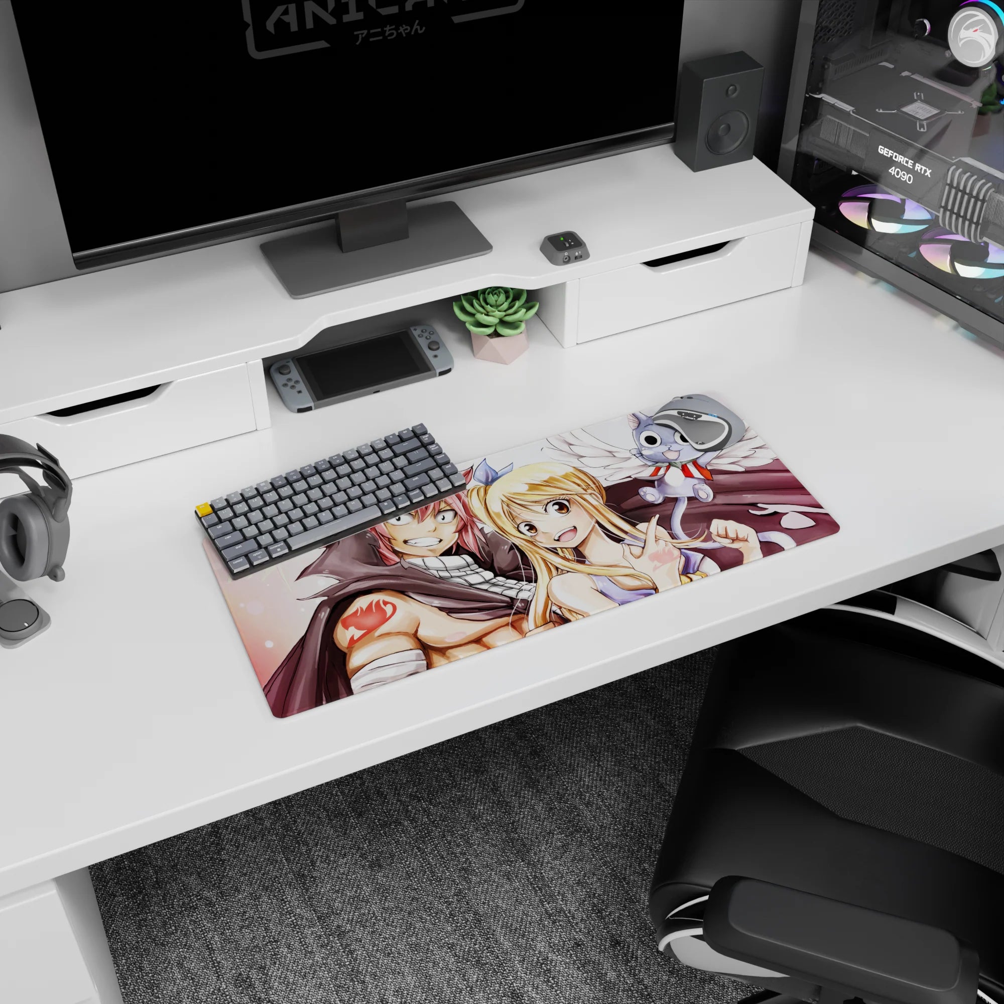 Natsu and Lucy grinning together with Happy flying by on anime mouse pad 28x12 inches.