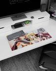 Natsu and Lucy grinning together with Happy flying by on anime mouse pad 28x12 inches.