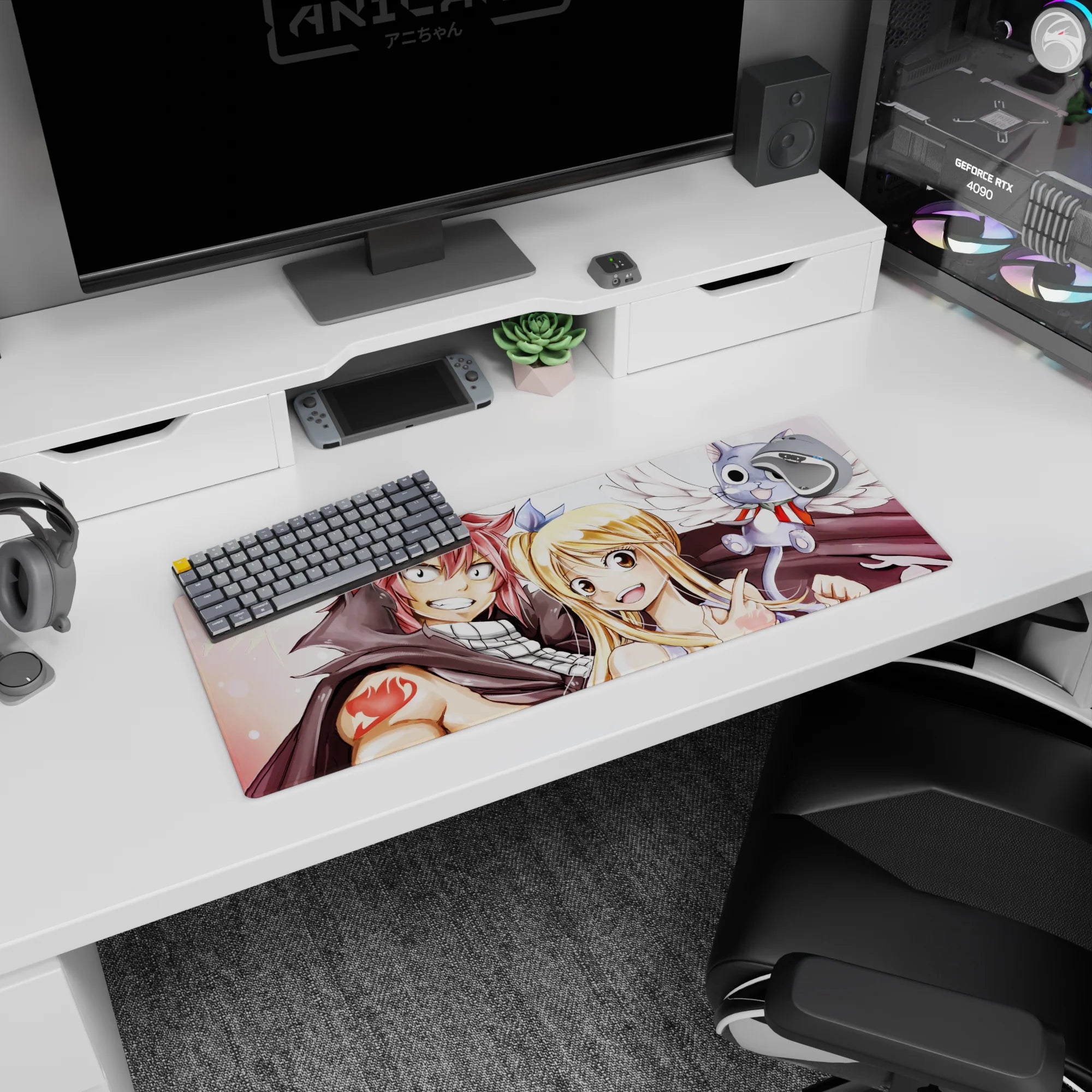 Natsu and Lucy grinning close with Happy flying above on an anime mouse pad 32x12 inches.