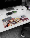 Natsu and Lucy grinning close with Happy flying above on an anime mouse pad 32x12 inches.