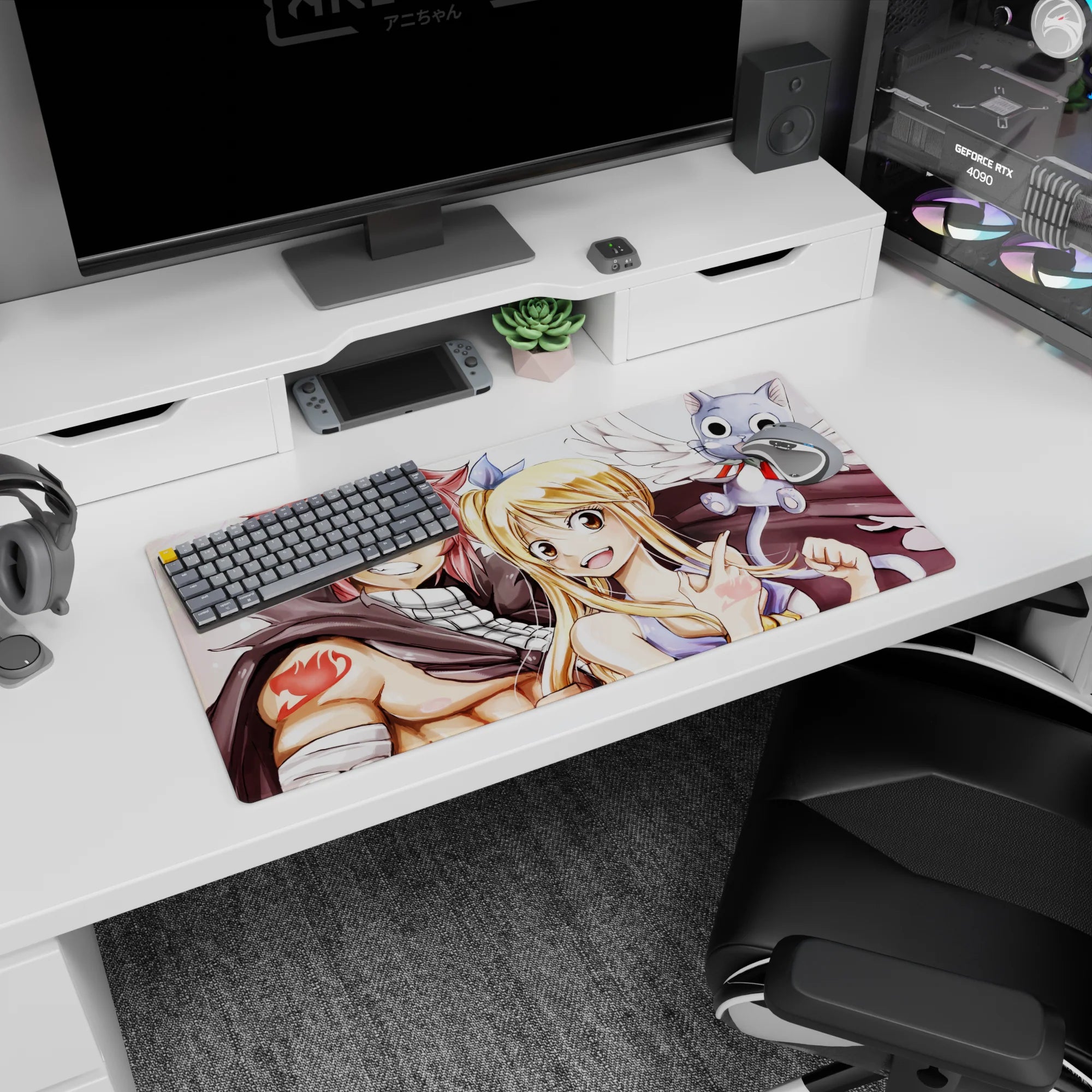 32x16 inches anime mouse pad of Natsu and Lucy grinning close with Happy flying in white wings.