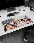 32x16 inches anime mouse pad of Natsu and Lucy grinning close with Happy flying in white wings.