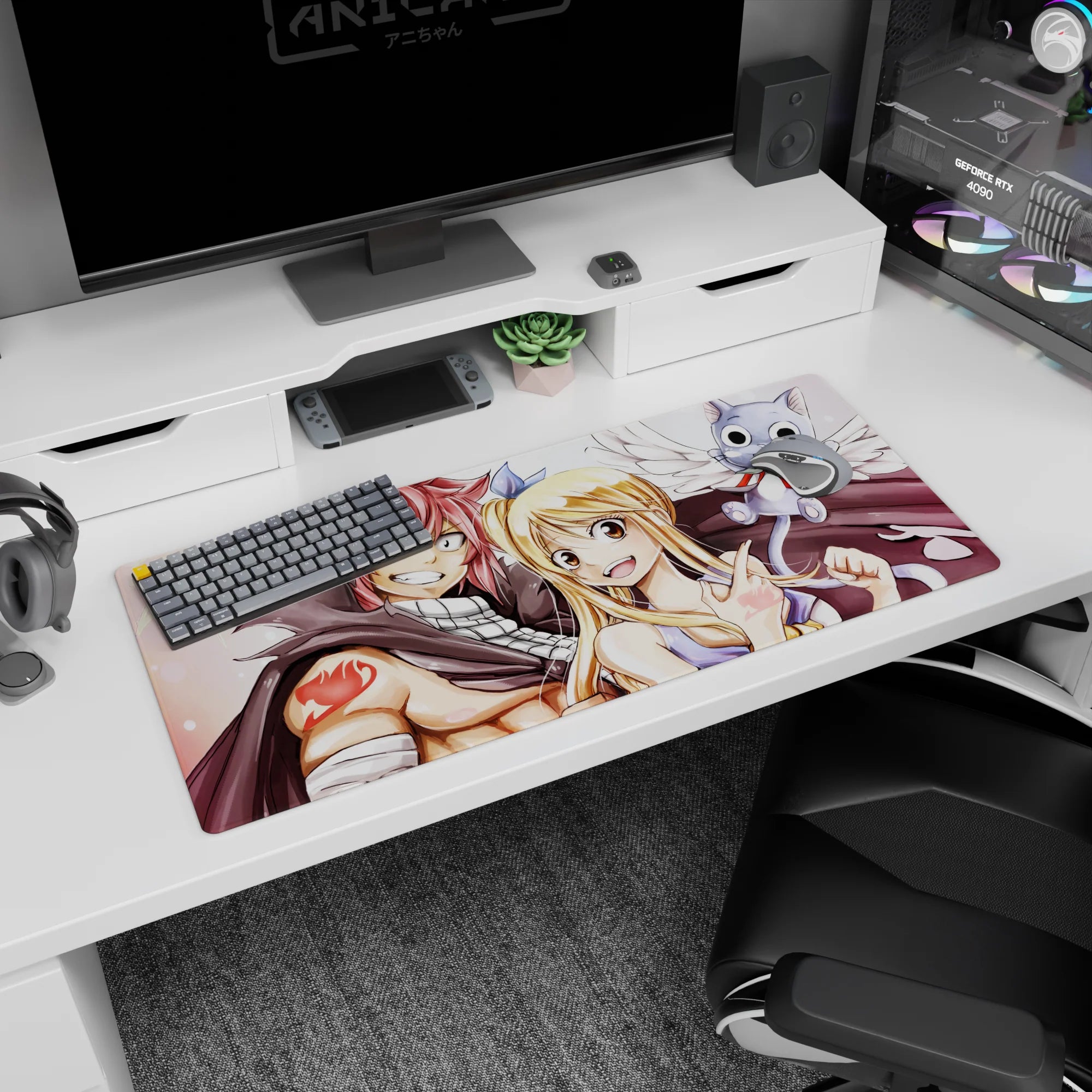 Natsu and Lucy grinning close with Happy flying, Fairy Tail guild mark desk pad 36x16 inches.