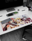 Natsu and Lucy grinning close with Happy flying, Fairy Tail guild mark desk pad 36x16 inches.