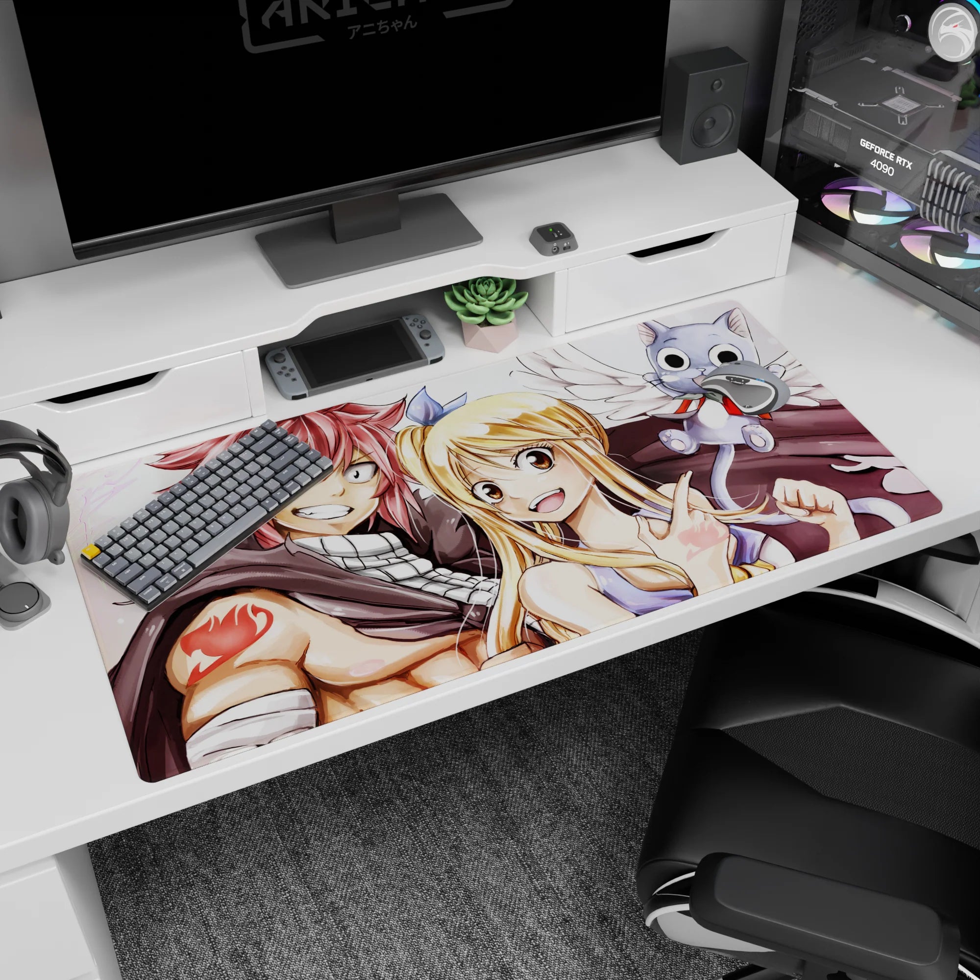 Natsu and Lucy grinning close with Happy swooping by, Fairy Tail desk pad 40x20 inches.