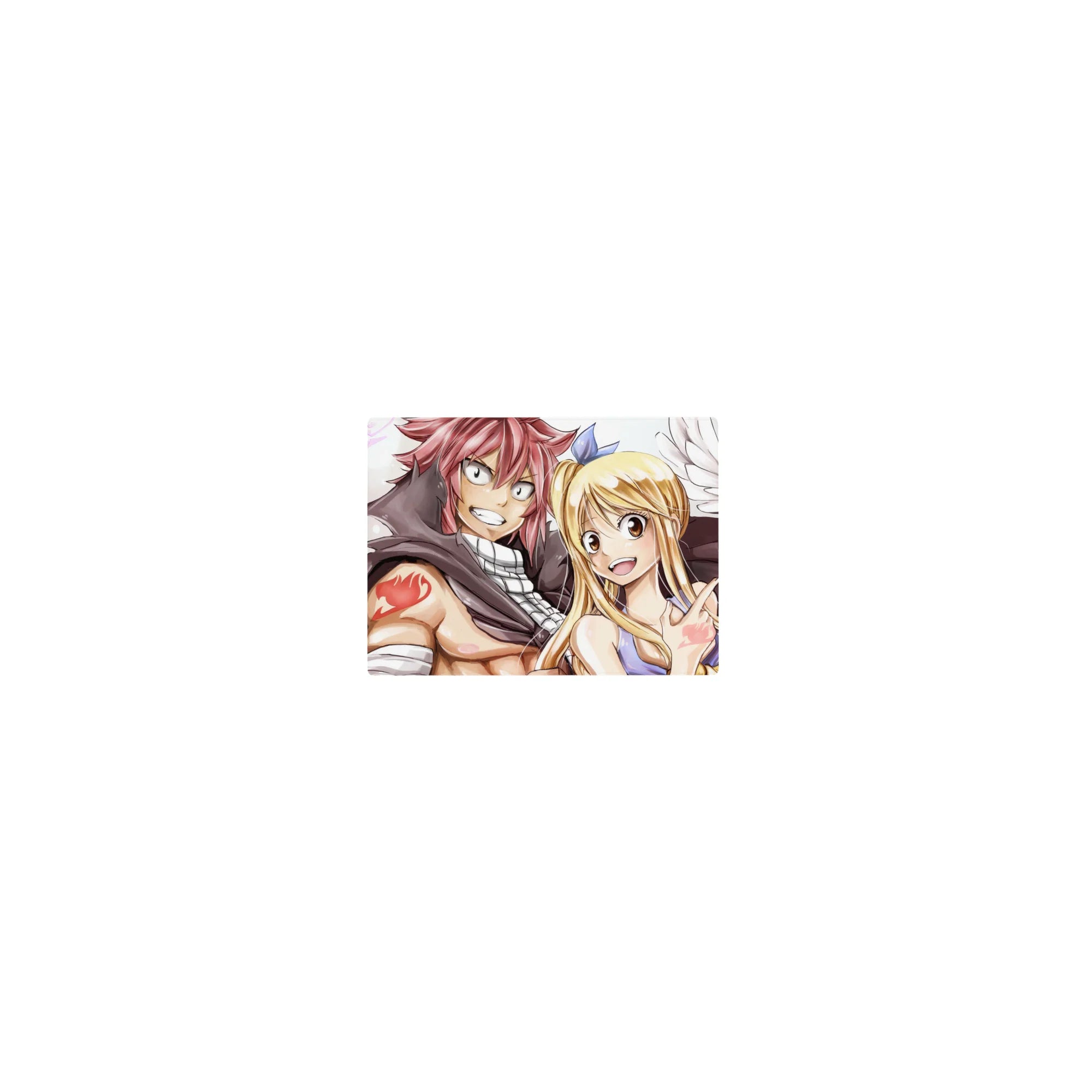 Fairy Tail classic anime mouse pad 14x10 inches with Natsu, Lucy and Happy on a clean background.