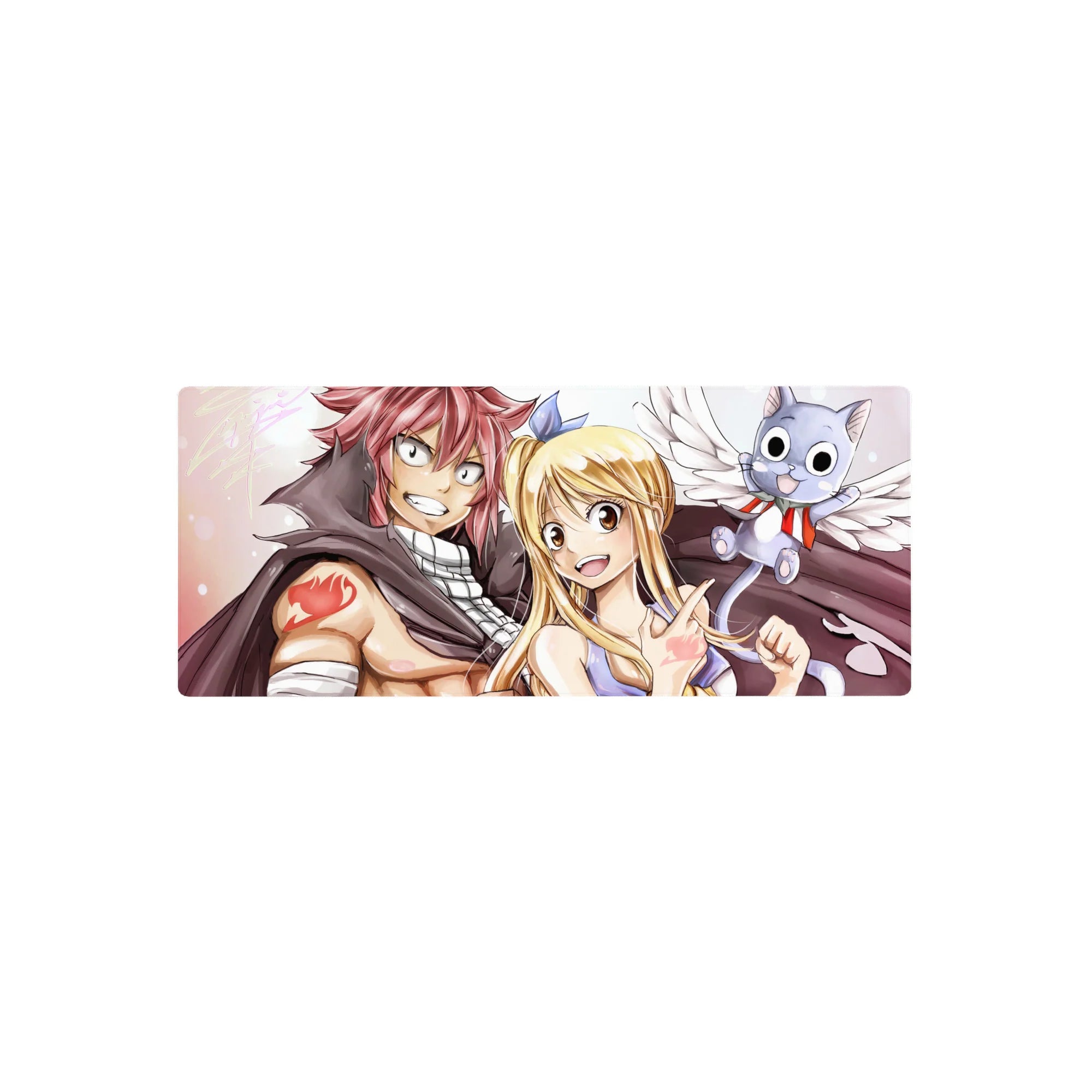 Fairy Tail anime mouse pad 28x12 inches with Natsu, Lucy and Happy on a clean background.