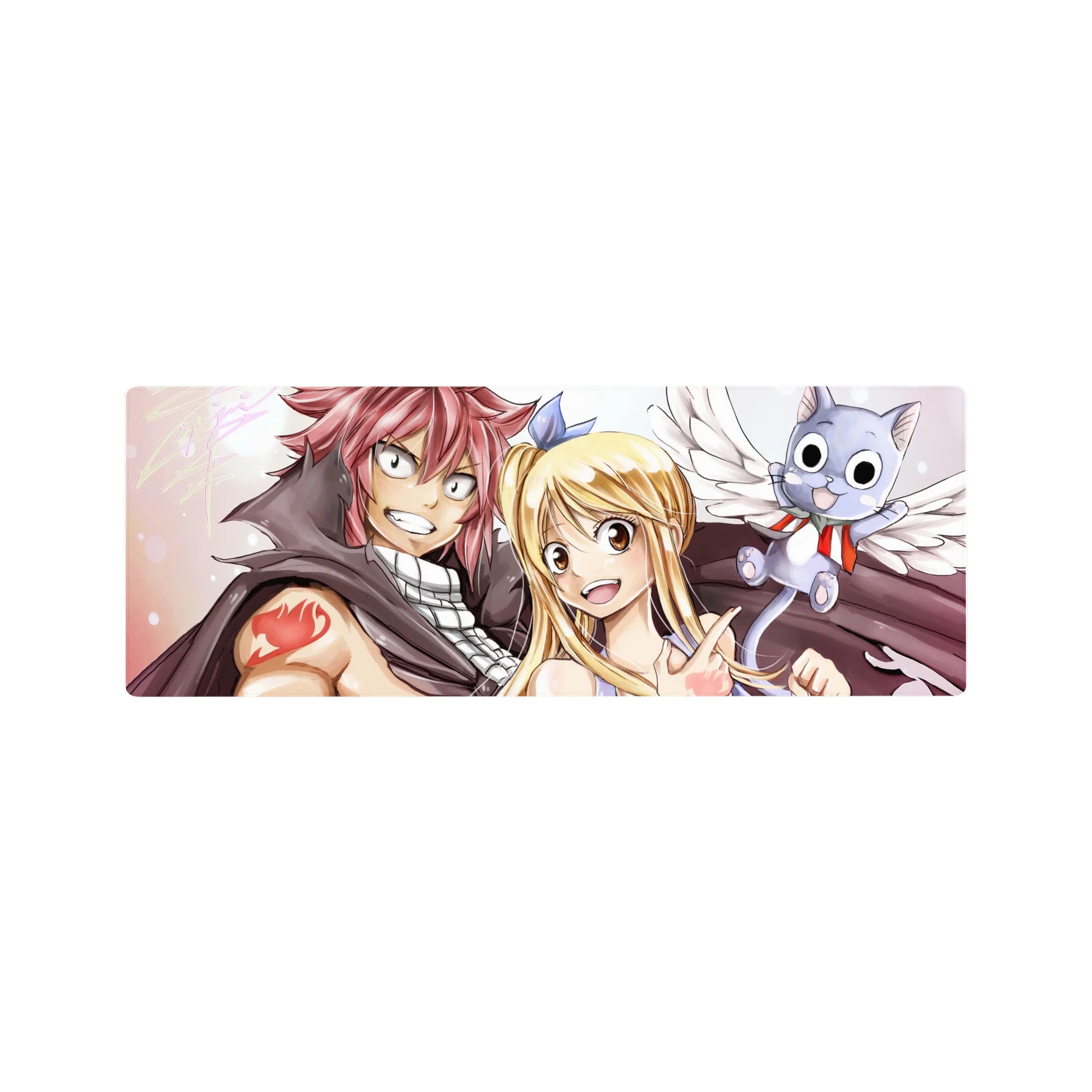 Fairy Tail anime mouse pad 32x12 inches with Natsu, Lucy, and Happy on a clean bright background.