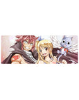 Fairy Tail anime mouse pad 32x12 inches with Natsu, Lucy, and Happy on a clean bright background.