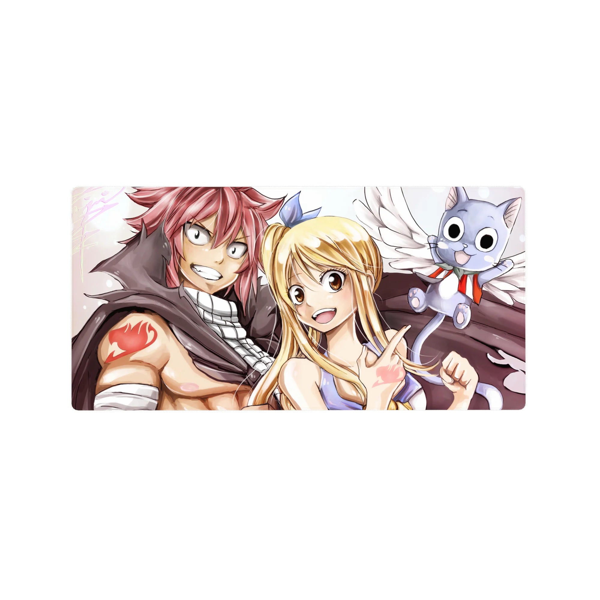 32x16 inches anime mouse pad featuring Fairy Tail characters with Happy on a clean background.