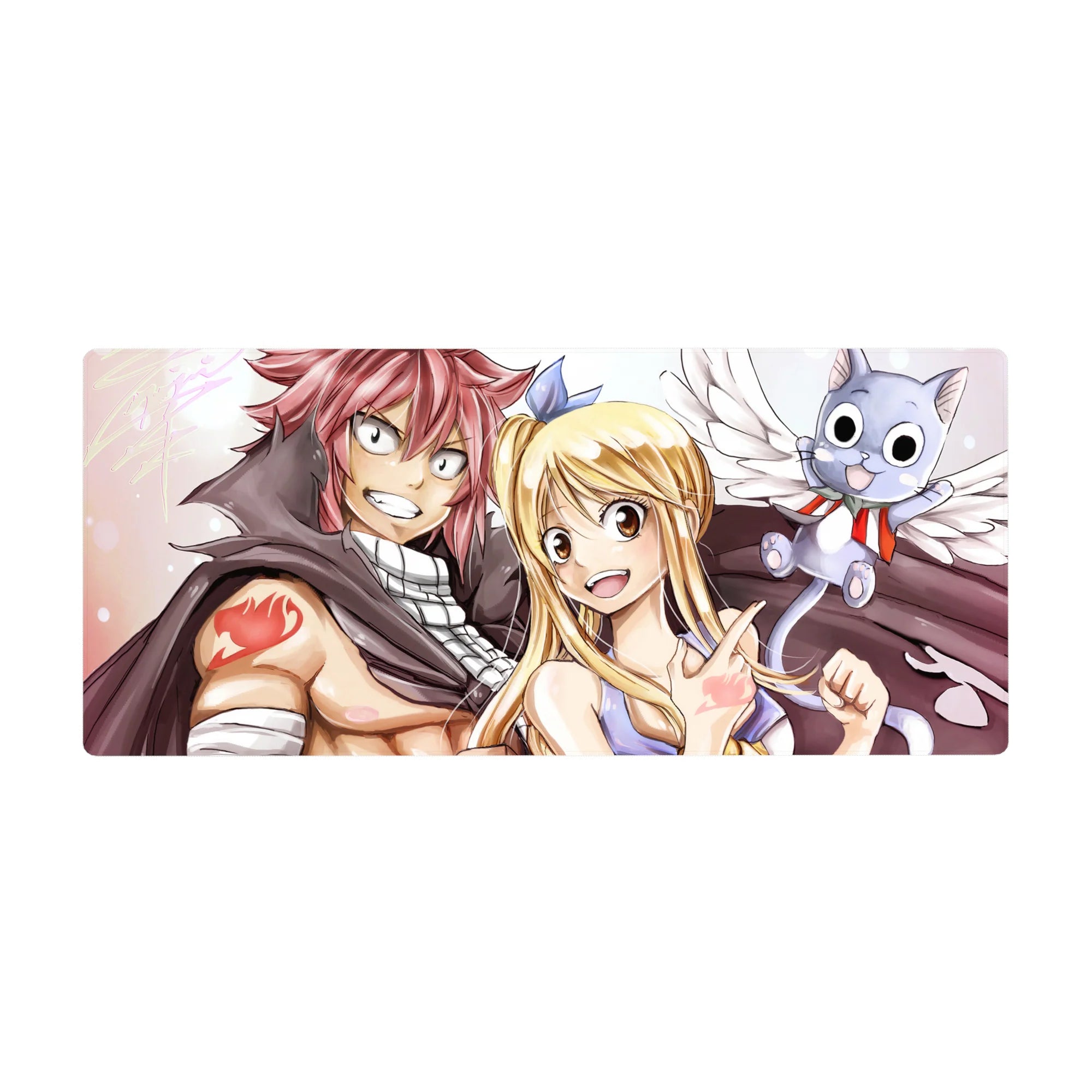 Fairy Tail anime desk pad 36x16 inches with Natsu, Lucy, and Happy on a clean background.