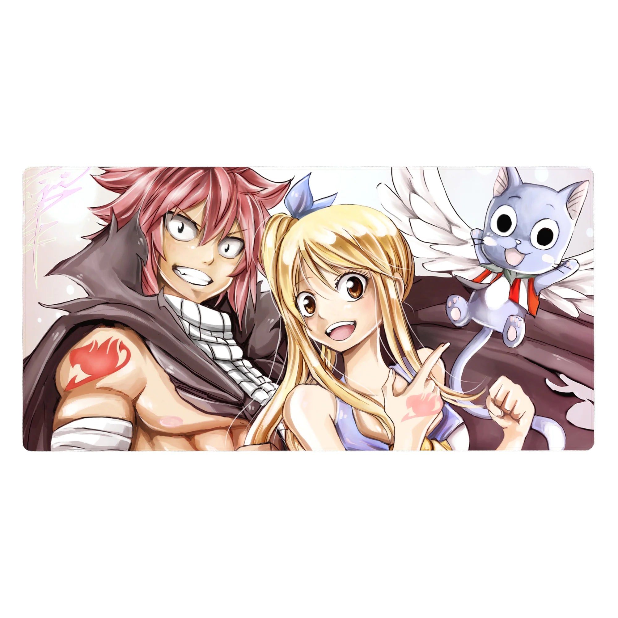 Fairy Tail anime desk pad 40x20 inches with Natsu, Lucy and Happy on a clean background, crisp guild mark.