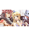 Fairy Tail anime desk pad 40x20 inches with Natsu, Lucy and Happy on a clean background, crisp guild mark.
