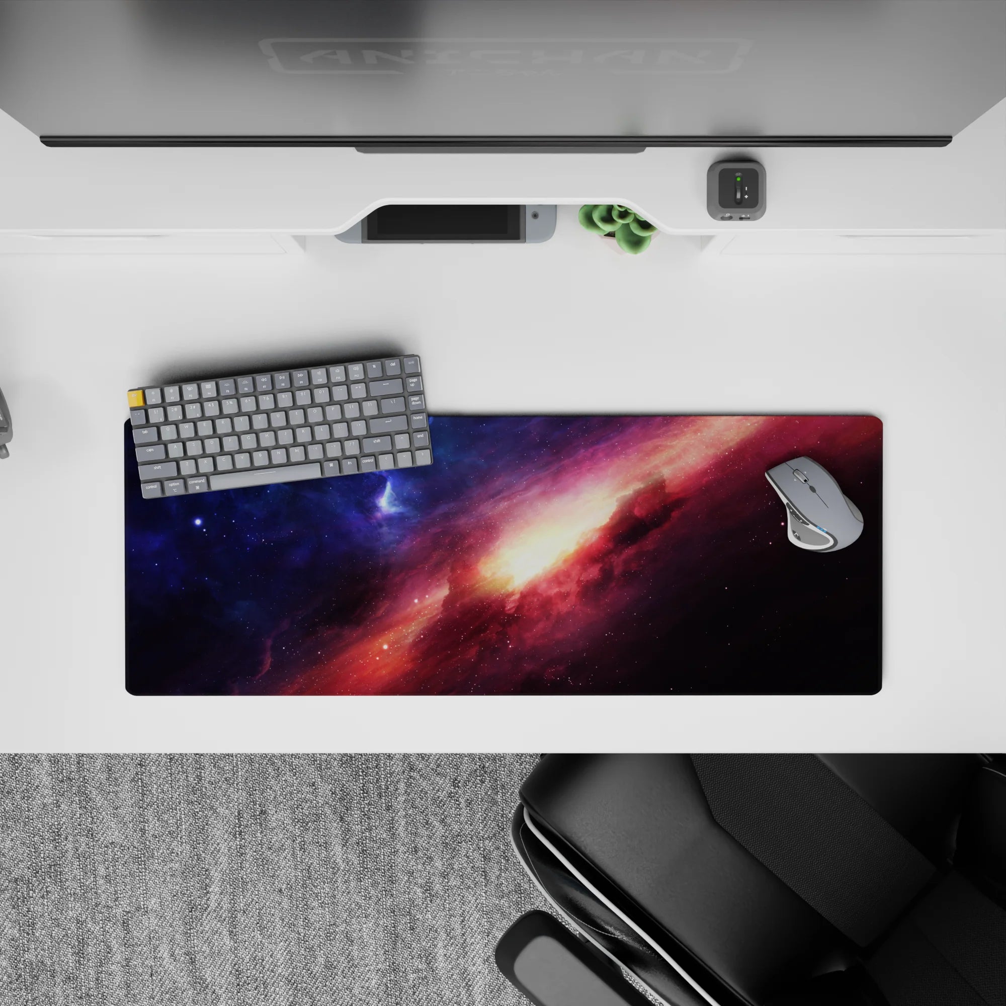 Midnight blue and rosy magenta mouse pad 32x12 inches with cozy cosmic mood and warm sunrise center.