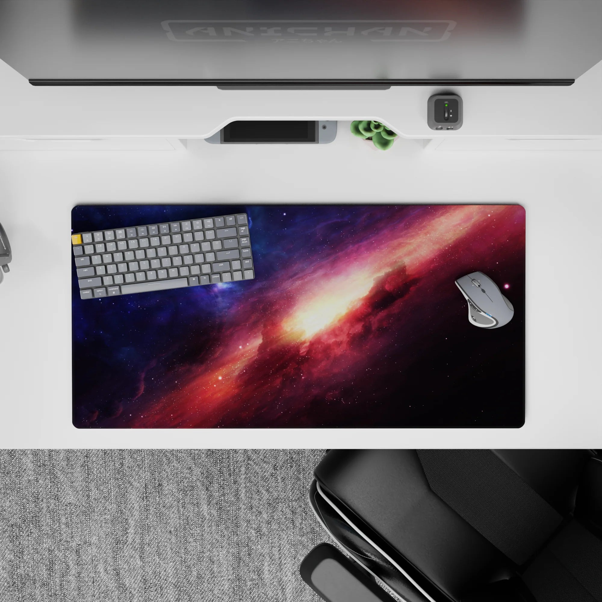 Midnight blue and magenta cloud mouse pad 32x16 inches with warm sunrise glow, calm cosmic mood.