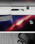 Midnight blue and rosy magenta desk pad, 36x16 inches, calm cosmic mood with warm sunrise glow.