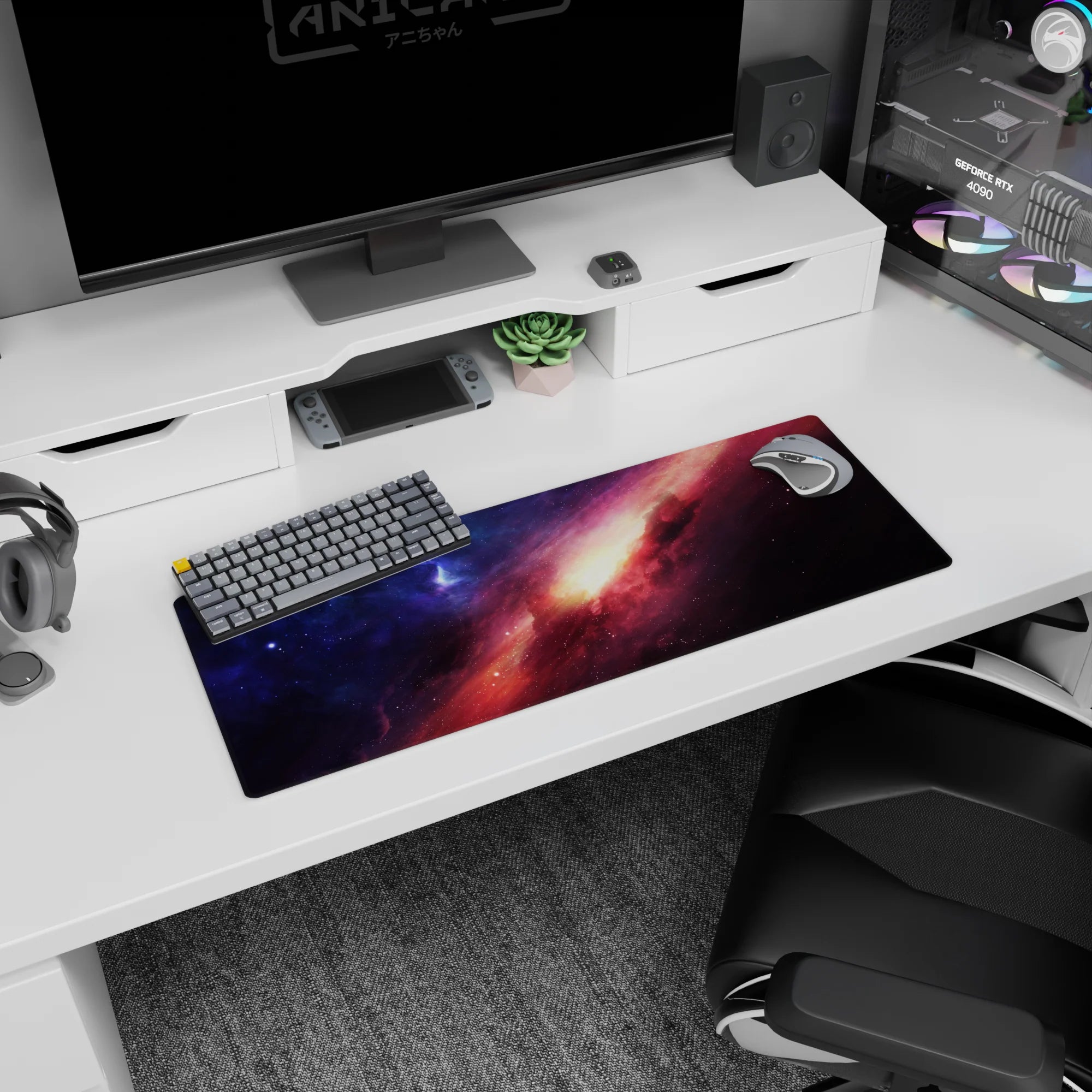 Starry nebula streak scene mouse pad 32x12 inches featuring sweeping clouds and a glowing golden core.