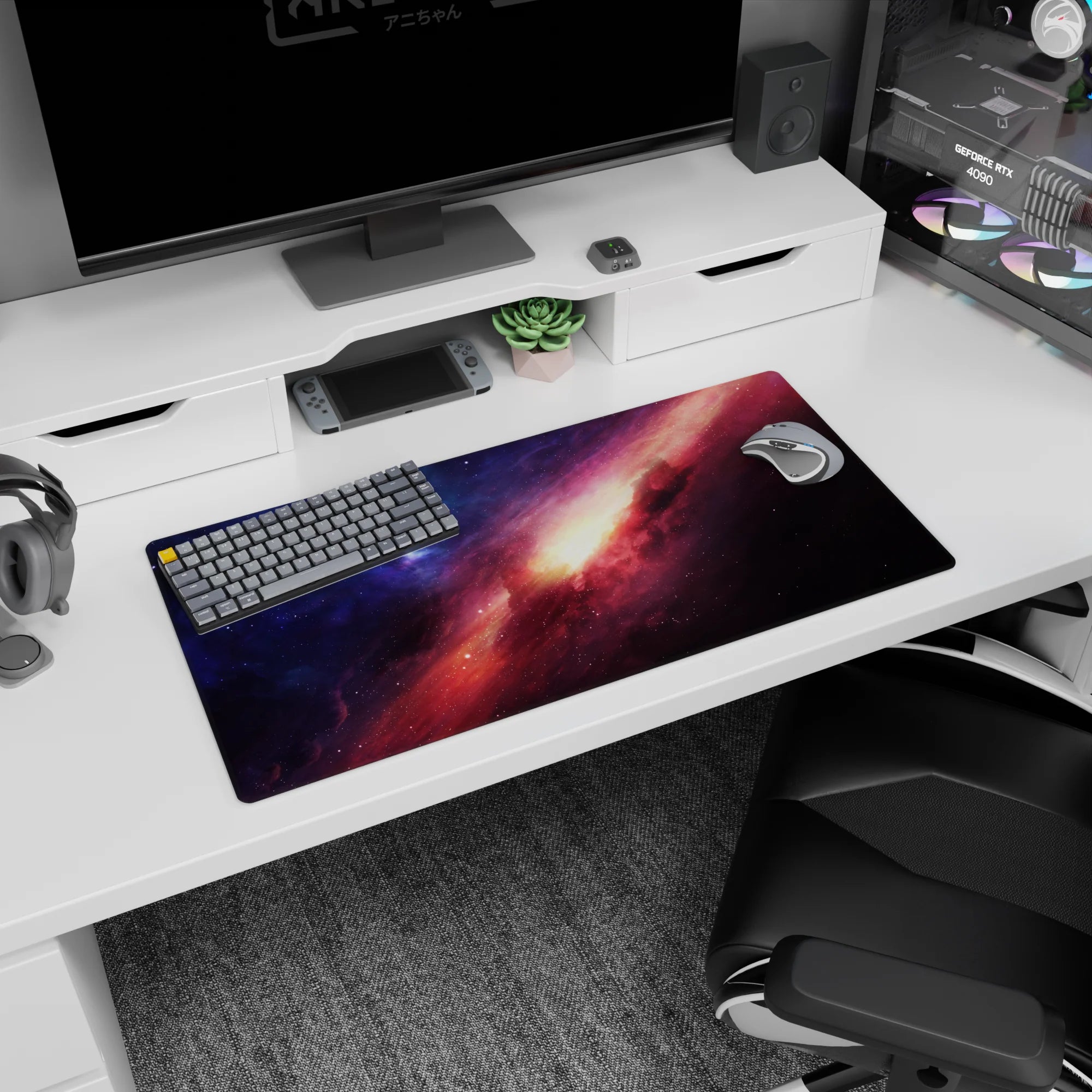 Star-speckled space scene mouse pad 32x16 inches featuring a golden core sunrise within a nebula.