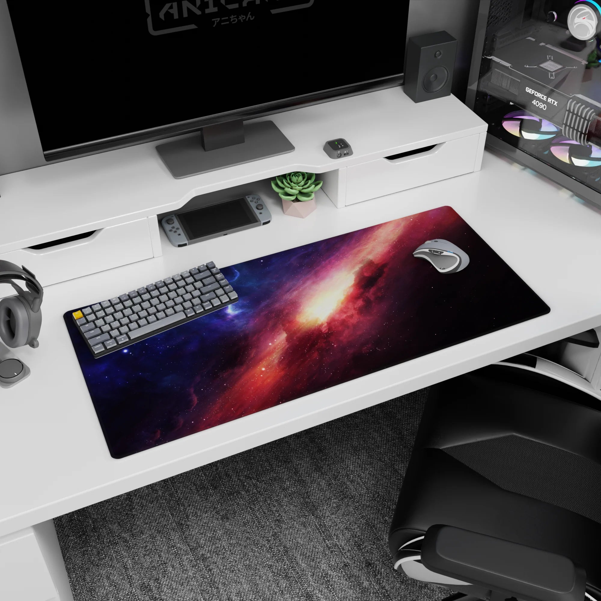 Nebula streak scene desk pad, 36x16 inches, sweeping starry cloud trail around a golden center.