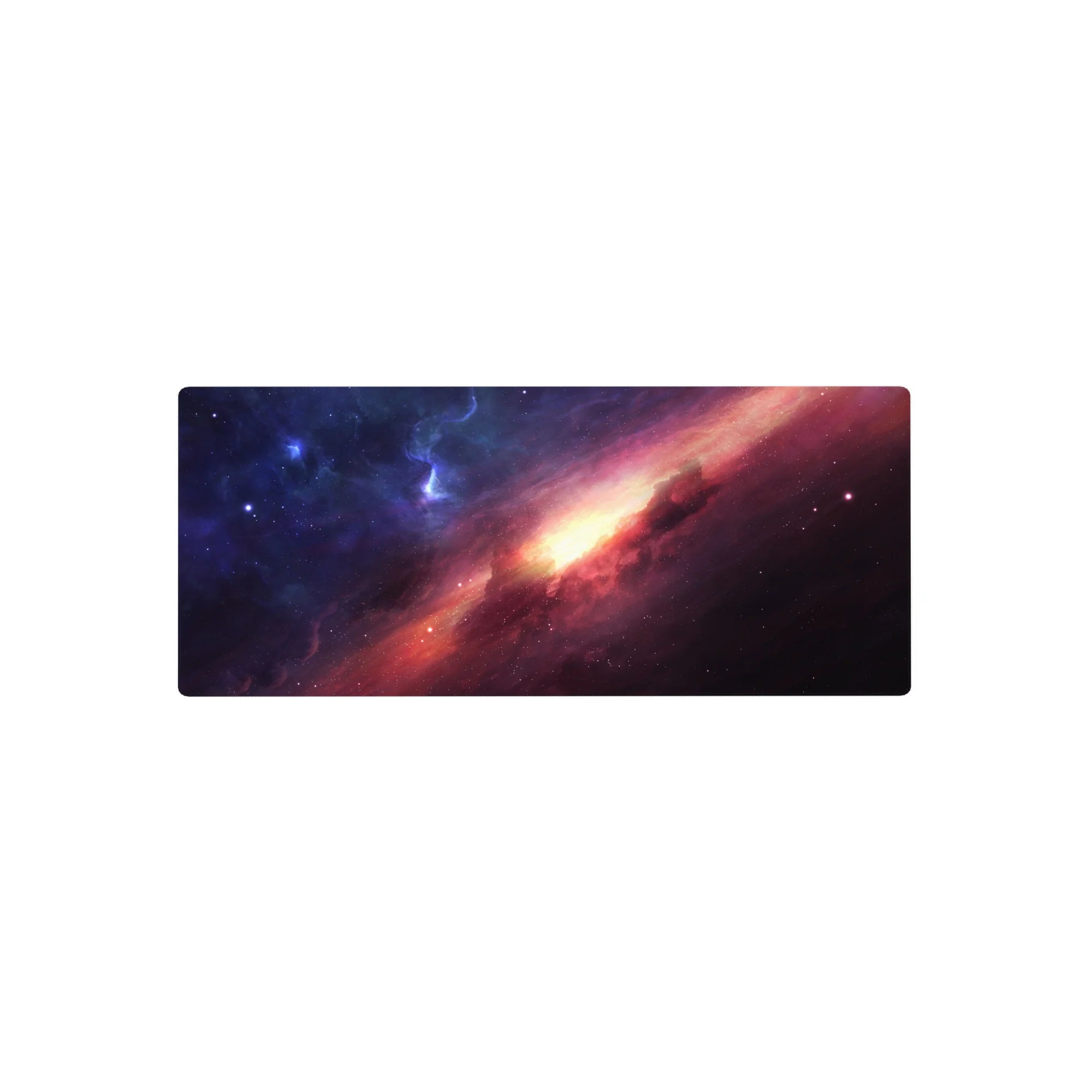 Galaxy nebula mouse pad 28x12 inches with starry midnight blues, magenta clouds, and golden center glow.