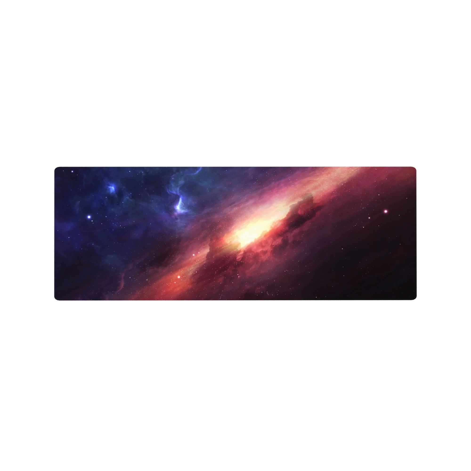 Galaxy nebula desk mouse pad 32x12 inches with star-speckled sky, magenta clouds, and golden glow.