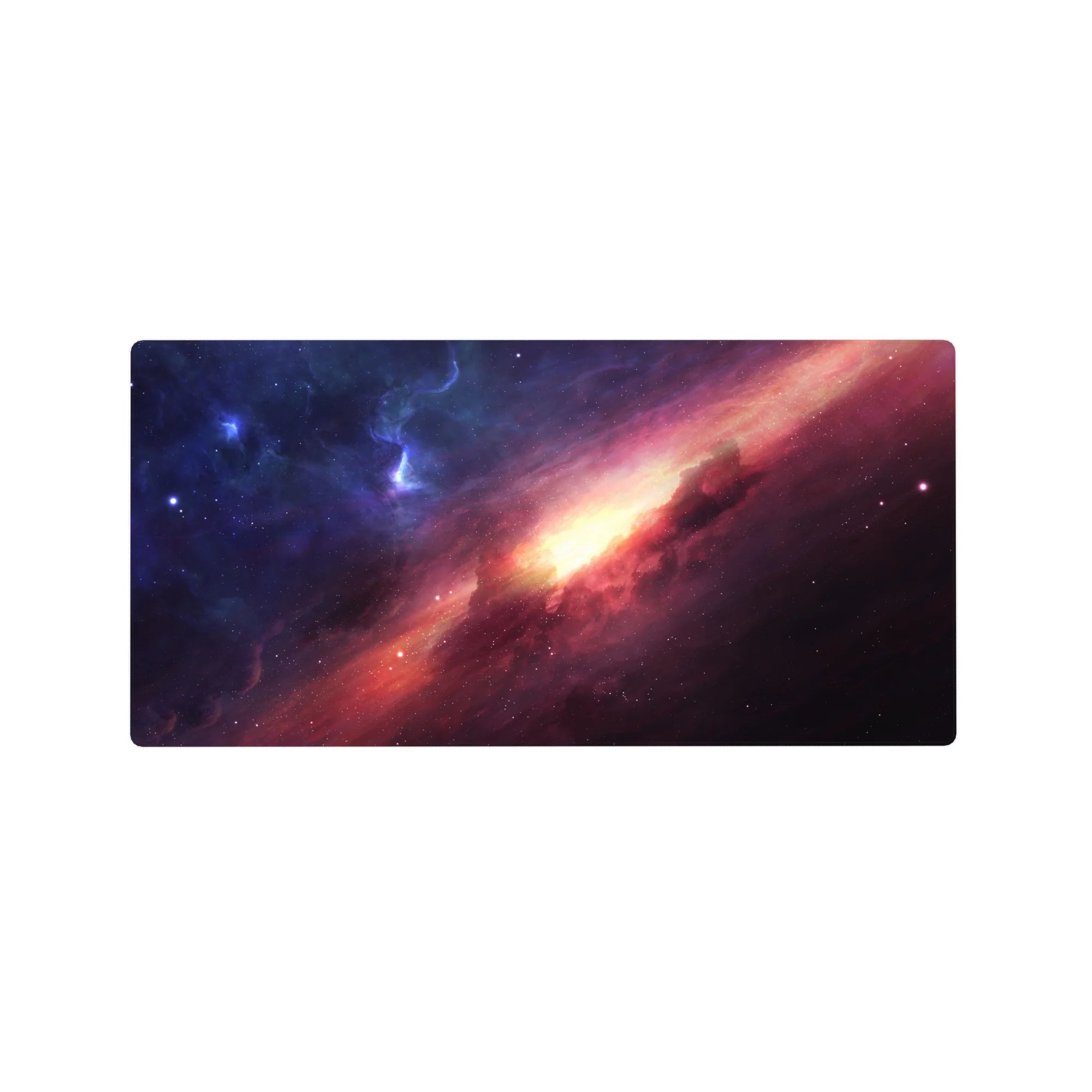 Galaxy nebula desk mouse pad 32x16 inches with sweeping starry streak and glowing golden center.
