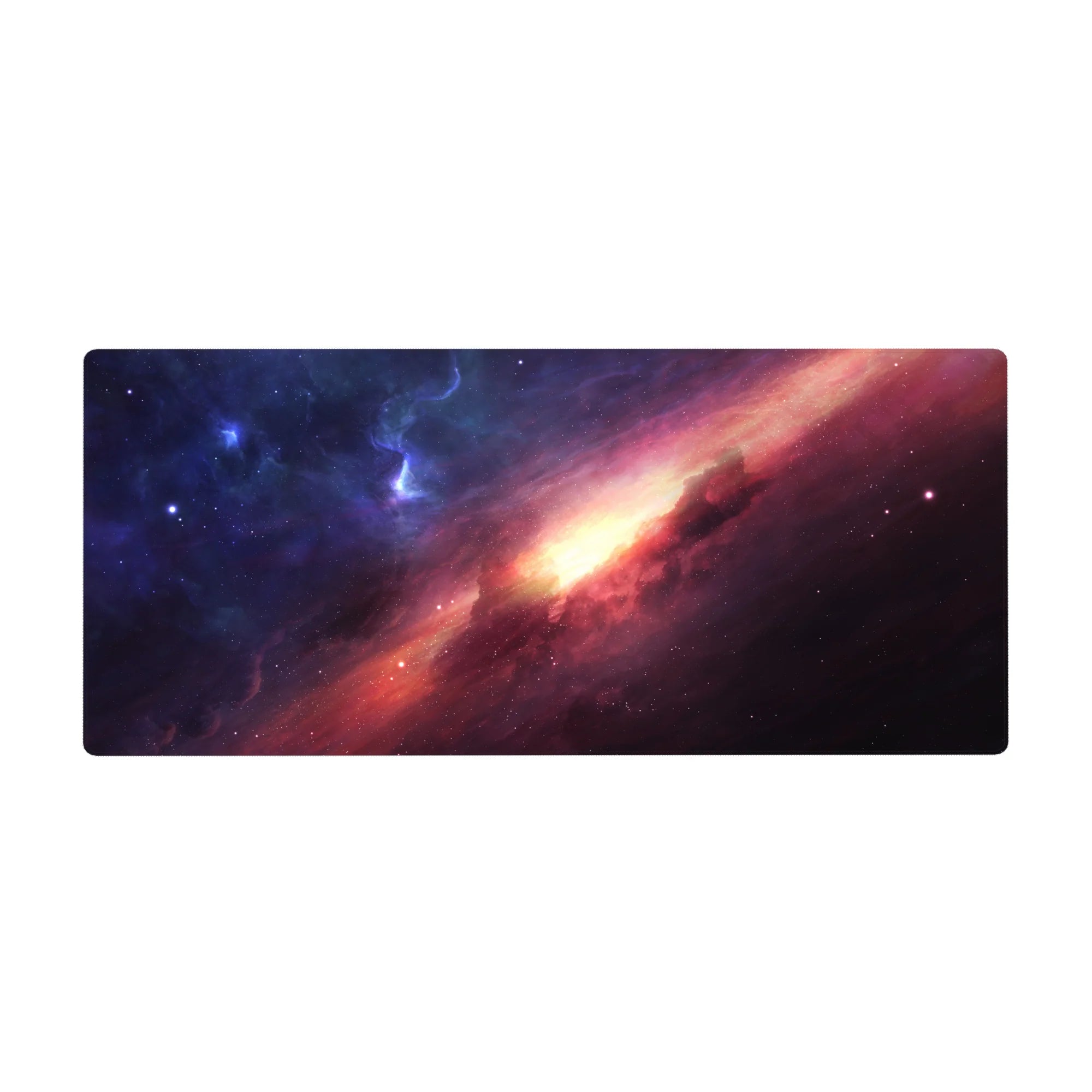 Galaxy nebula desk pad, 36x16 inches, with star-speckled clouds and a glowing golden core.