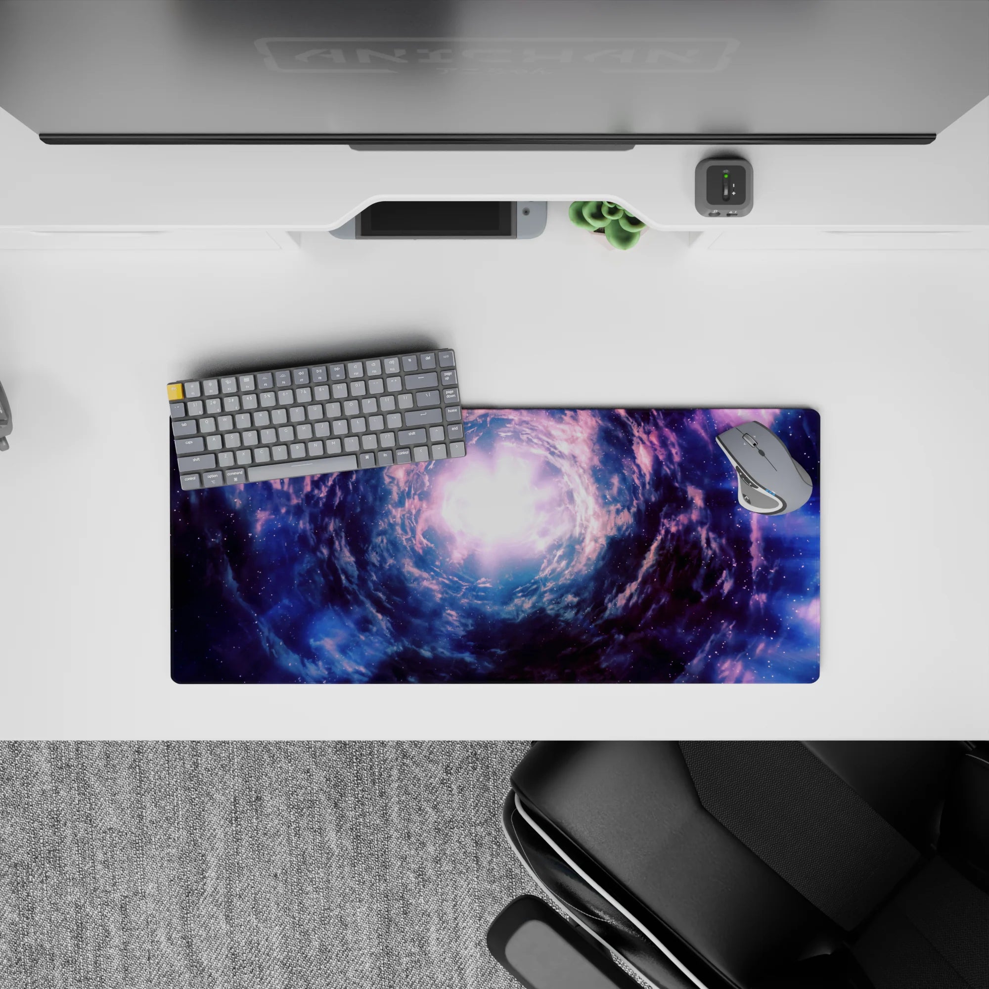 Deep indigo and smoky blue 28x12 inches mouse pad with soft lavender mist for a late-night galaxy mood.